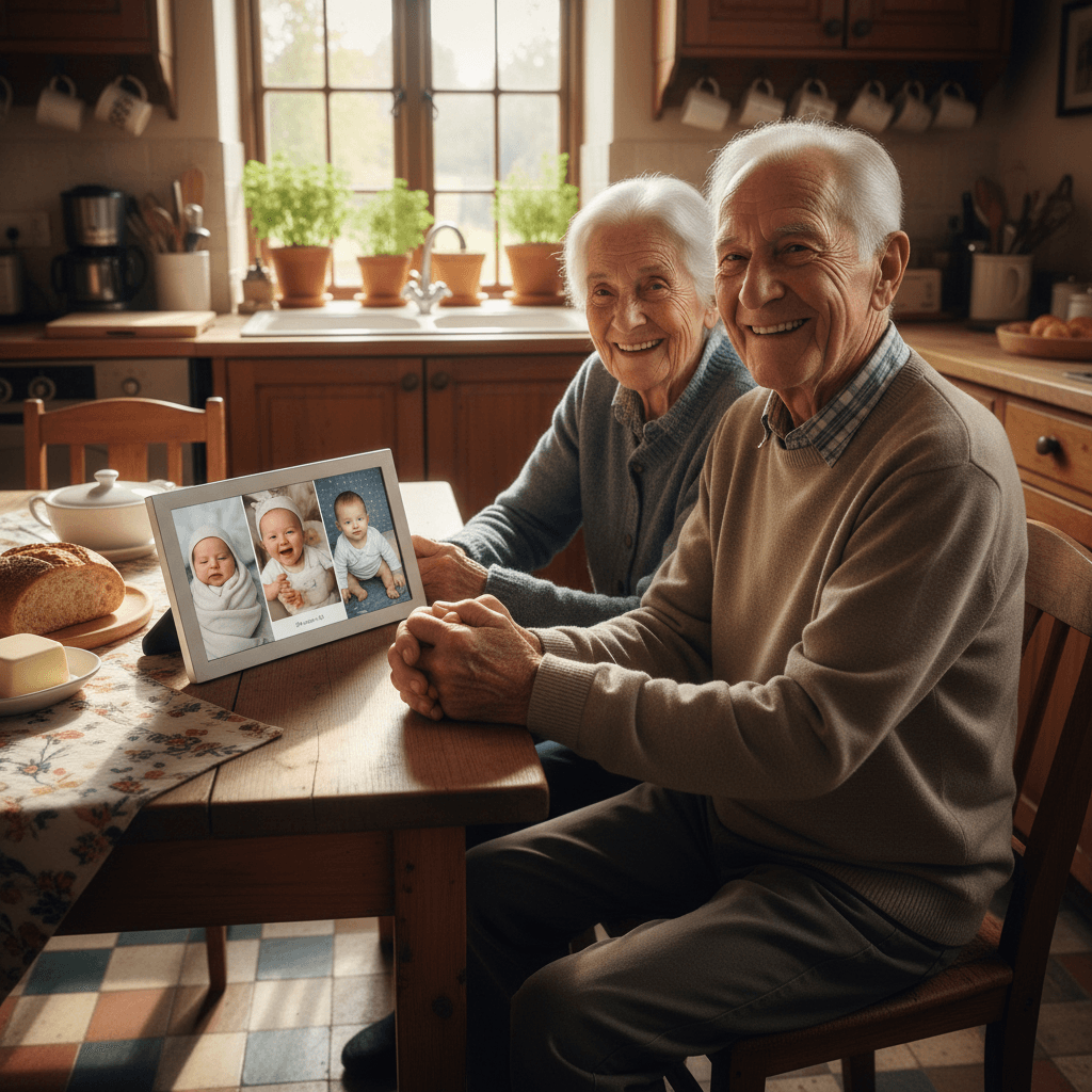Family sharing photos through a VPhoto frame
