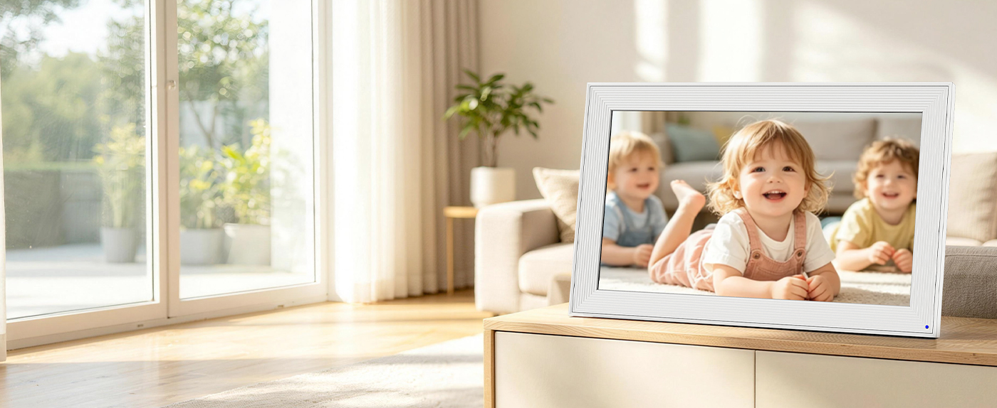 VPhoto digital photo frame on a living room cabinet